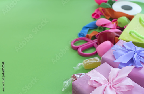 Festive composition set of gift boxes with balls candy cocktail materials.