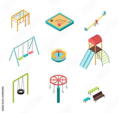 Isometric 3D outdoor kids playground vector cartoon elements isolated