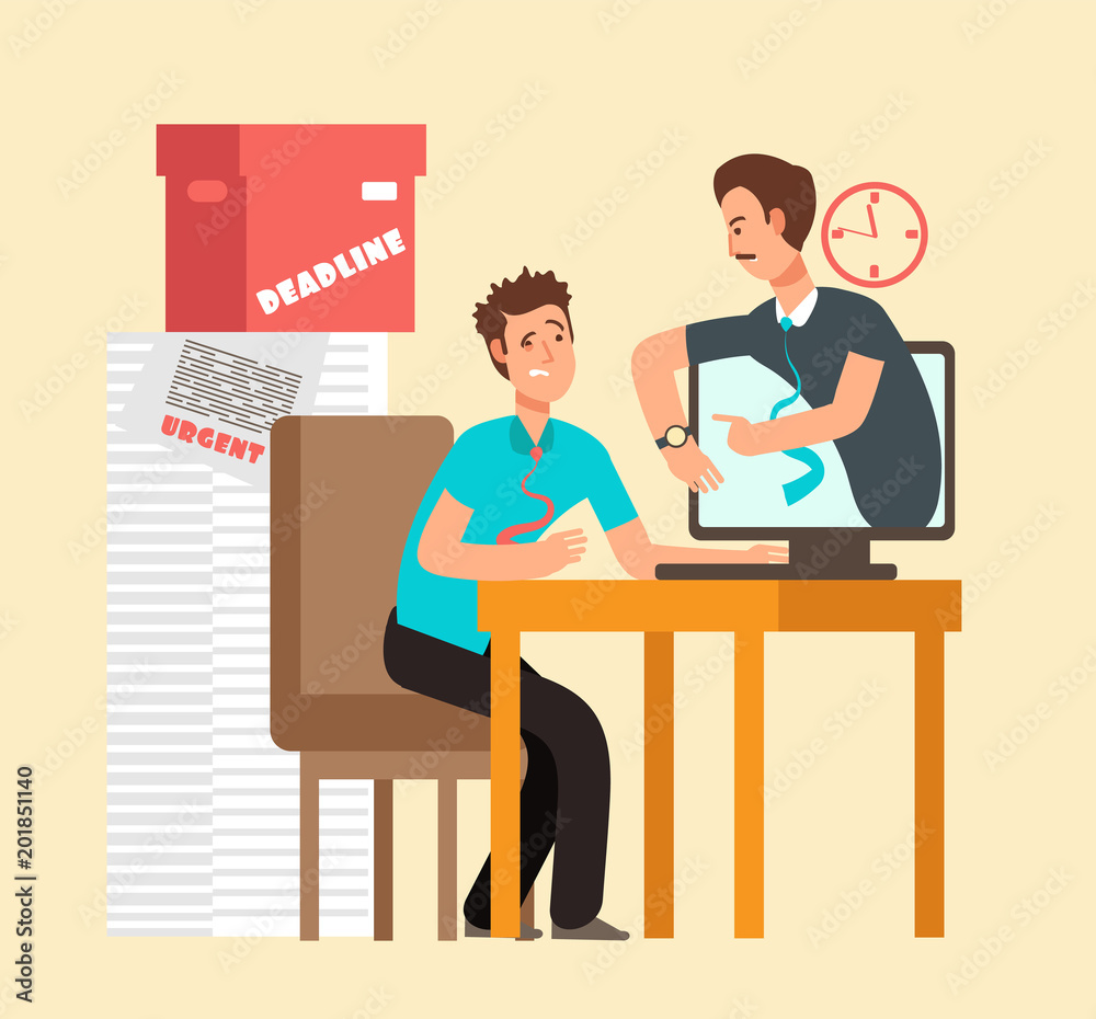 Frustrated man workaholic with laptop and angry boss. Overworked staff and deadline vector concept