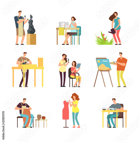 Man and woman artists in art design field. Sculptor, artist, florist. Vector cartoon people set isolated