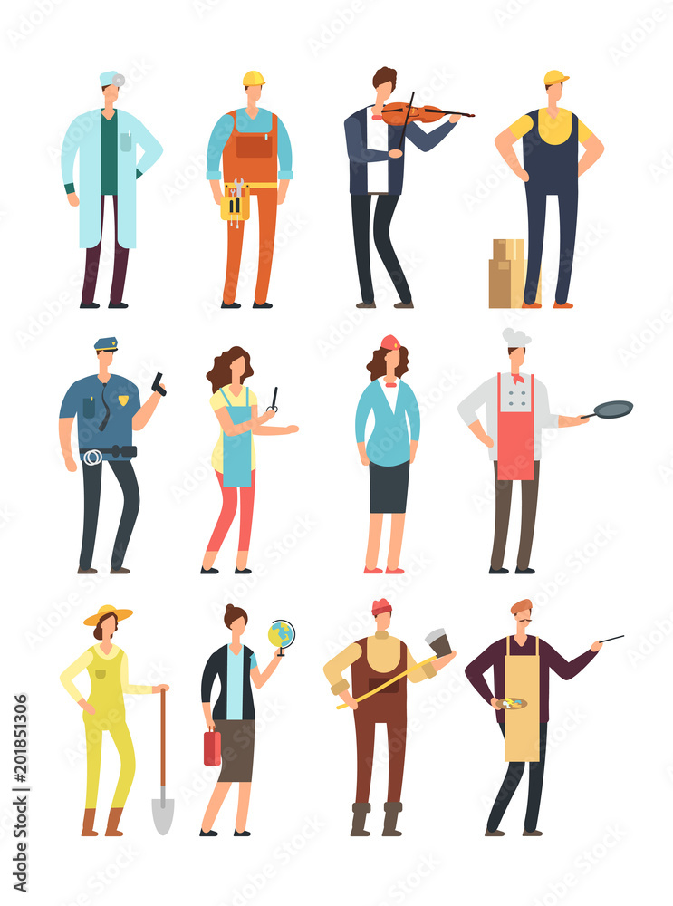 Man and woman workers with tools in uniform. Cartoon vector characters of different professions isolated