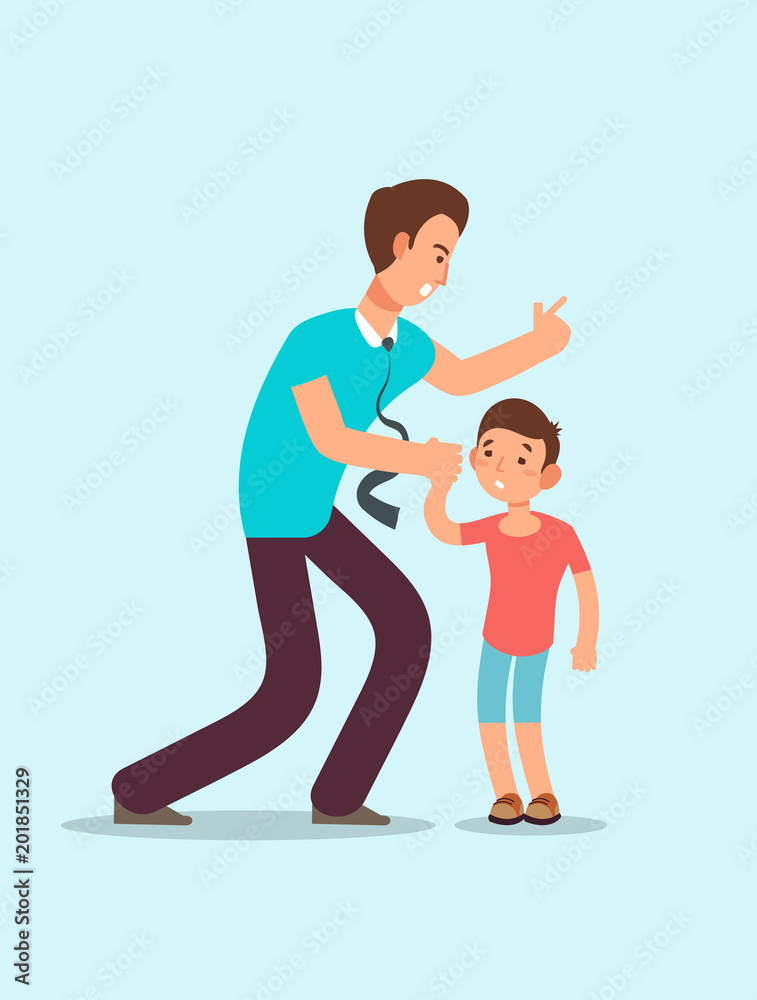 Angry father yells at upset scared child. Family conflict between children and parents vector concept Angry father yells at upset scared child. Family conflict between children and parents vector concept
