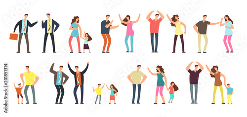 Family and professional conflict. Angry stressed swearing men, women and kids cartoon vector characters isolated