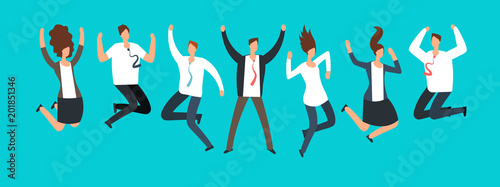 Happy excited business people, employees jumping together. Successful team work and leadership vector cartoon concept