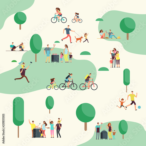 People groups on on bbq picnic. Happy families in various outdoor activity in summer park. Cartoon vector characters