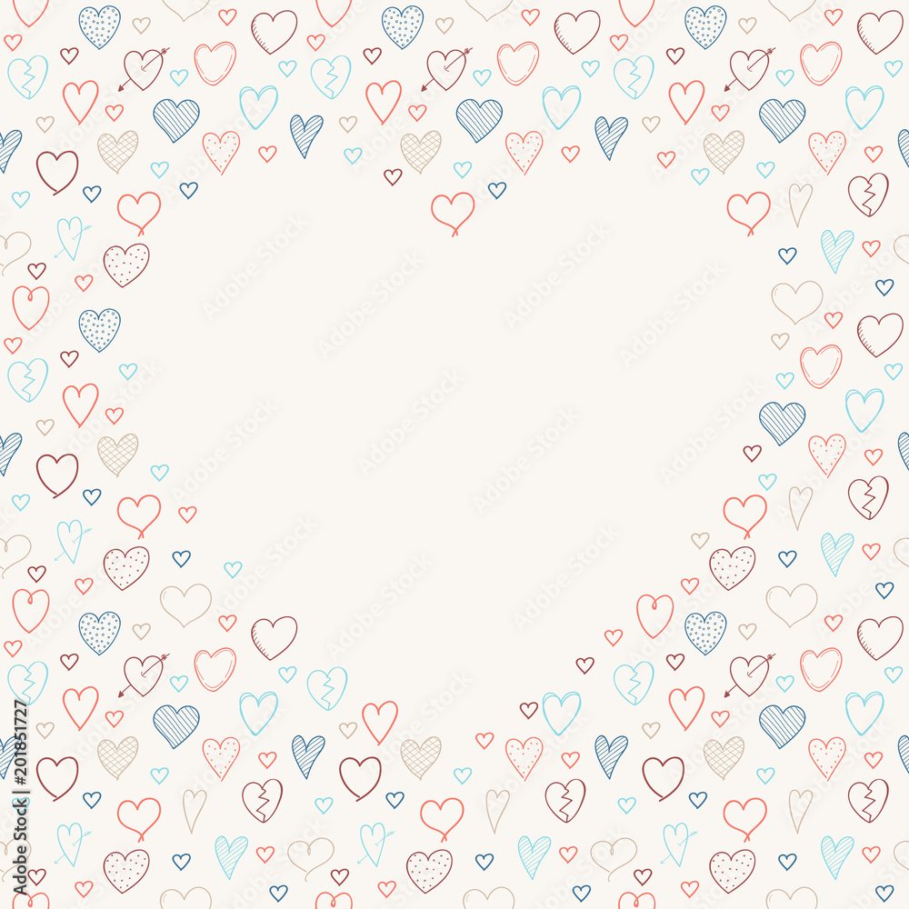 Background with frame made of hand drawn hearts. Template of card for Mother's Day, Women's Day an Valentine's Day. Vector. Background with frame made of hand drawn hearts. Template of card for Mother's Day, Women's Day an Valentine's Day. Vector.