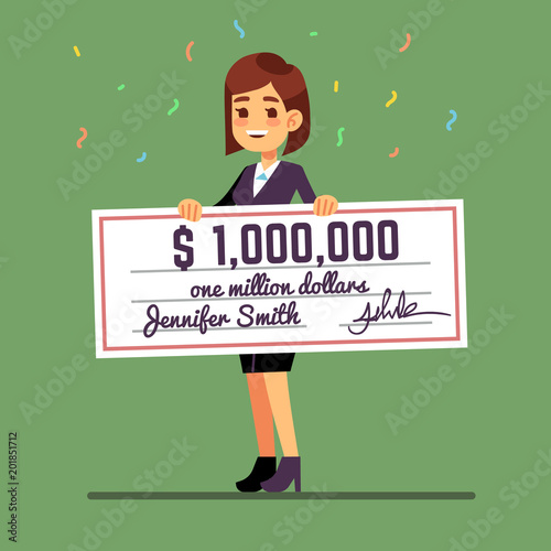 Young smiling woman holding money prize check for one million dollars. Cash lottery winnings and gambling vector concept