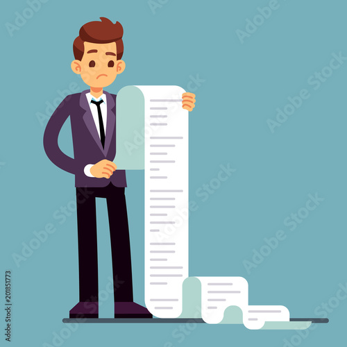 Businessman or male lawyer reading long paper list. Business questionnaire and document report vector concept photo