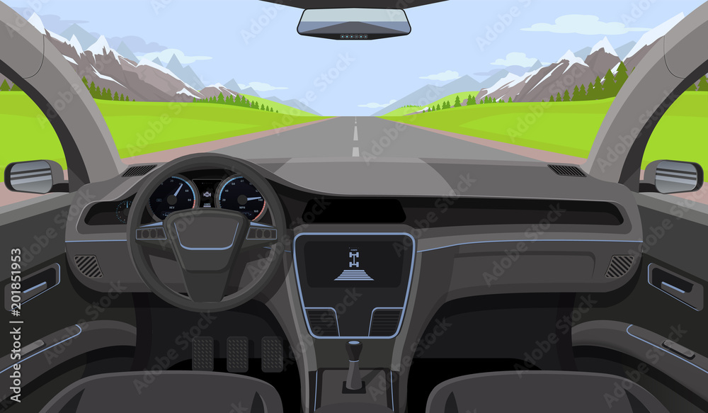 Naklejka premium Salon pojazdów, widok kierowcy wewnątrz ze sterem, deską rozdzielczą i drogą, krajobraz na przedniej szybie. Ilustracja wektorowa symulator jazdy