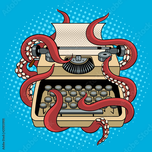 Typewriter with octopus tentacles pop art vector