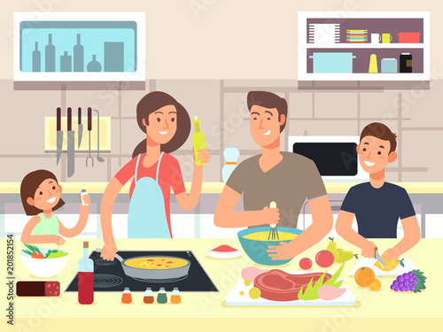 Happy family cooking. Mother and father with kids cook dishes in kitchen cartoon vector illustration