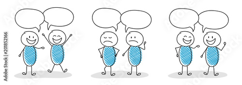 Set of talking stickmen with different facial expressions. Vector.