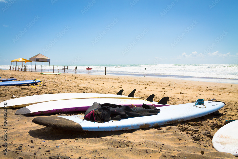 Surfboards on the shores of the Atlantic Ocean. Photo travel. Leisure. Surfing Surfboards on the shores of the Atlantic Ocean. Photo travel. Leisure. Surfing