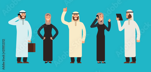 Arabic businesswomen and businessmen group. Arab business people team vector cartoon characters set