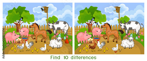 Find ten differences. Game for children with farm animals