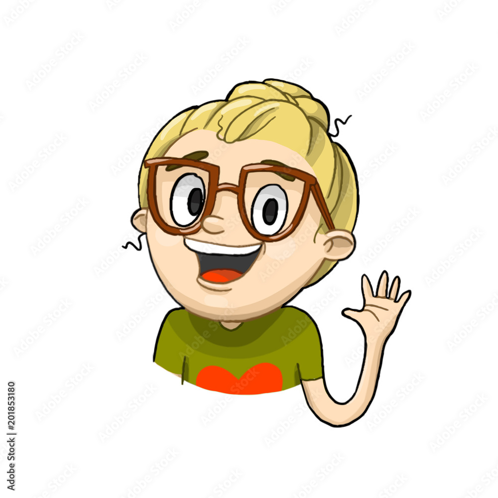 Cute happy cartoon girl smiling and greeting. Vector hand drawn character waving hand. Cute happy cartoon girl smiling and greeting. Vector hand drawn character waving hand.