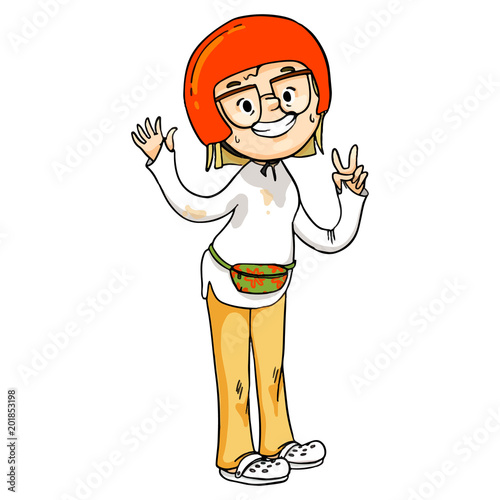 Funny cartoon biker girl in red helmet getting wet in the rain. Vector hand drawn character.