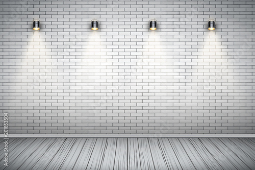 Interior of White brick wall with vintage spotlights and wooden floor. Vintage Rural room and fashion interior. Grunge Industrial Texture. Background of loft and trendy showroom or cafe. Vector.