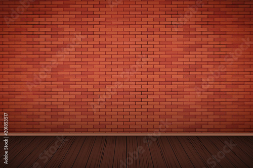 Interior of red brick wall and wooden floor. Vintage Rural room and fashion interior. Grunge Industrial Texture. Background of loft and trendy showroom or cafe. Vector Illustration.