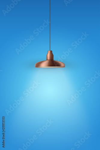 Vintage Copper pendant cone lamp on blue painting wall. Original Retro design. Hang ceiling model. Vector illustration