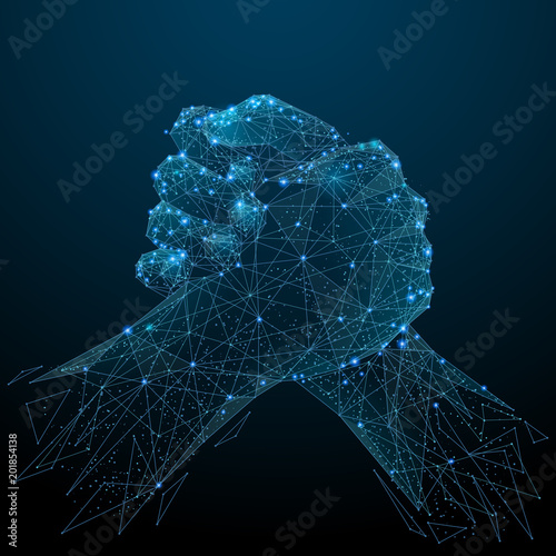 Abstract image of brotherly handshake in the form of a starry sky or space, consisting of points, lines, and shapes in the form of planets, stars and the universe. Vector best deal. RGB Color mode