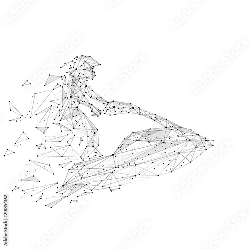 Abstract mash line and point ski jet origami on white background with the effect of destruction. Starry sky or space, consisting of stars and the universe. Vector summer sport illustration