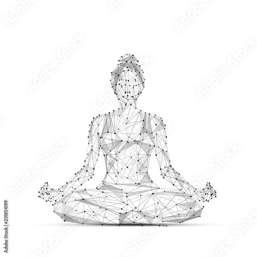Abstract mash line and point. A woman yogi sits in a lotus pose. origami on white background. Starry sky or space, consisting of stars and the universe. Vector yoga illustration