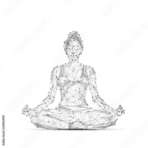 Naklejka na ścianę Streszczenie zacieru linii i punktu. Jogin kobieta siedzi w pozycji lotosu. origami na białym tle. Gwiaździste niebo lub przestrzeń, składające się z gwiazd i wszechświata. Ilustracja wektorowa jogi