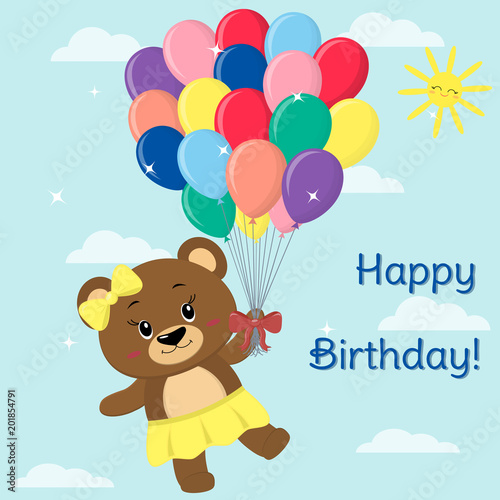 A cute brown bear with an yellow bow and a skirt, flying on balloons in the sky, in a cartoon style. Happy Birthday. Vector, flat design.