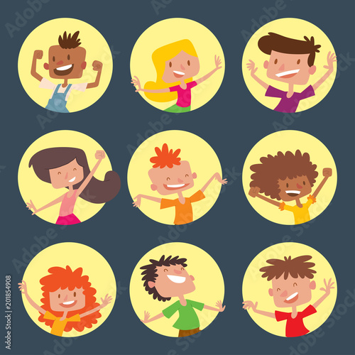 Happy children in different positions big vector jumping cheerful child group and funny cartoon kids joyful team laughing little people characters.