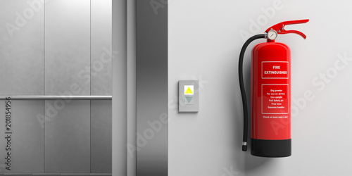 Fire extinguisher on a wall and elevator with open doors. 3d illustration