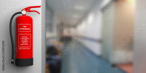Fire extinguisher on a wall, blur hospital corridor background. 3d illustration