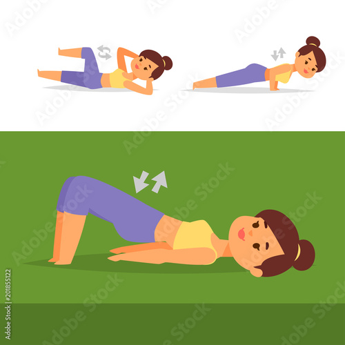 Woman home workout vector exercising at home fitness character training coaching healthy living and diet concept illustration.