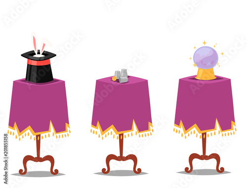 Magic effect trick vector table symbol magician tools and surprise entertainment magical fantasy carnival mystery cartoon miracle decoration illustration.