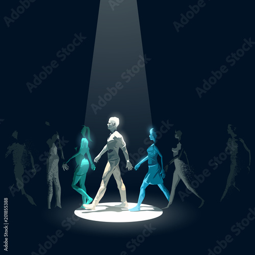 A spotlight beam pointing out an individual from a group of walking people making him stand out from the crowd. Business concept vector illustration.