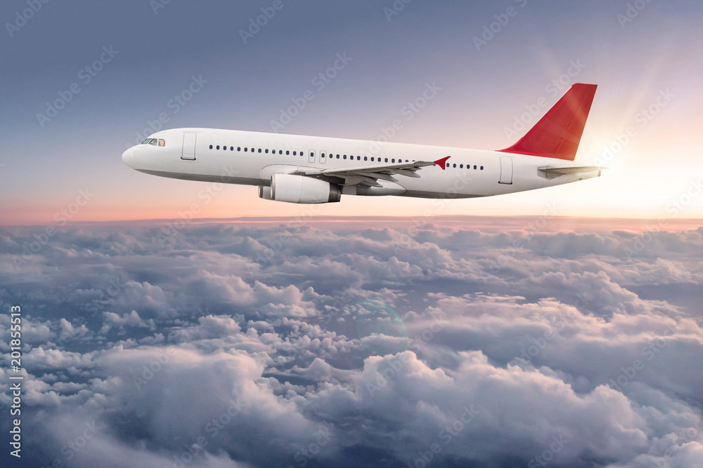 Obraz premium Komercyjny samolot latający nad chmurami.