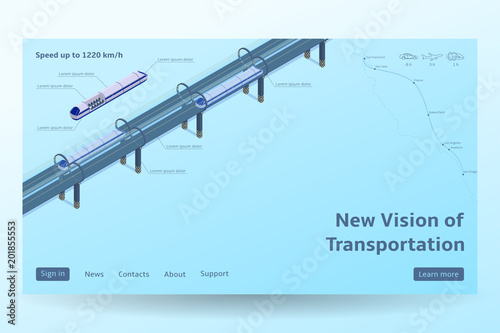 Isometric Hyperloop transport concept. Vector illustration with future transportation and the fastest trains. Futuristic high-speed transport concept.
