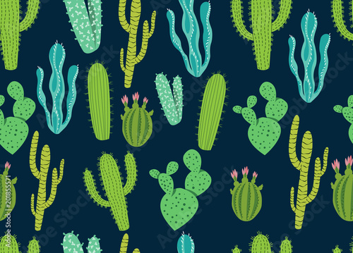 A seamless pattern with green and blue succulent and cactus plants. Vector illustration
