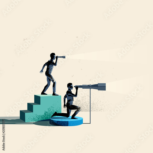 Seeking business opportunities. Two people searching the horizon with telescopes. Conceptual vector illustration.