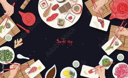 Horizontal banner template with Asian restaurant table full of Japanese food and hands holding sushi, sashimi and rolls with chopsticks on black background. Colorful realistic vector illustration.