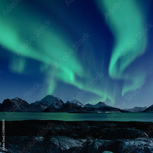 Northern Lights  Aurora Borealis shining green in night starry sky at winter Lofoten Islands  Norway