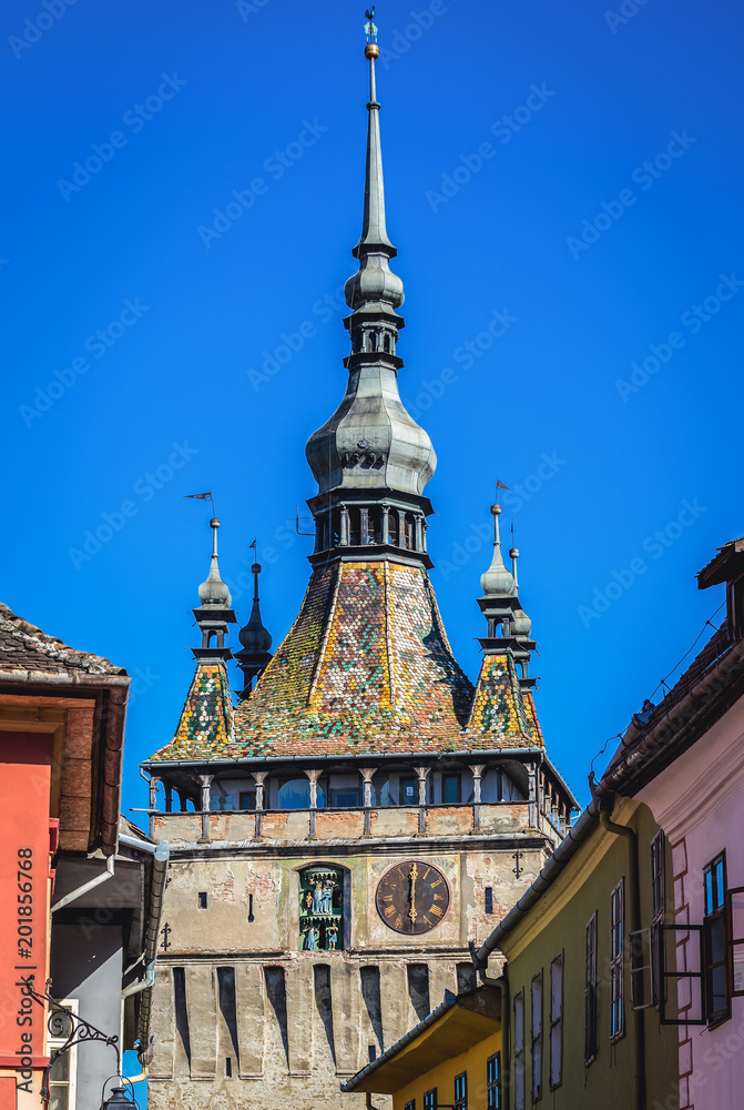 Obraz premium Famous Clock Tower in Sighisoara town in Romania