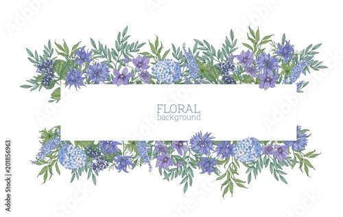 Horizontal background or banner surrounded by gorgeous blue wild blooming flowers and summer meadow flowering plants. Elegant floral backdrop. Colorful realistic natural vector illustration.