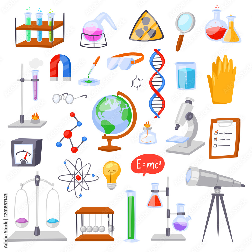 Chemistry vector chemical science or pharmacy research in laboratory for technology or experiment in laboratory illustration set of lab scientific equipment isolated on background Chemistry vector chemical science or pharmacy research in laboratory for technology or experiment in laboratory illustration set of lab scientific equipment isolated on background