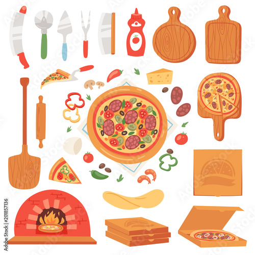 Pizza vector italian food with cheese and tomato in pizzeria or pizzahouse illustration set of baked pie from pizzaoven in Italy isolated on white background
