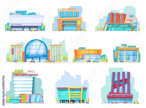 Building mall vector storefront of newbuild mall and store facade illustration set of shopping officebuilding of cityscape and architectural city shop isolated on white background photo