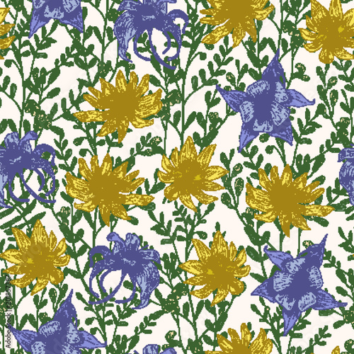 Botanical seamless pattern with wild blooming flowers and meadow flowering he...