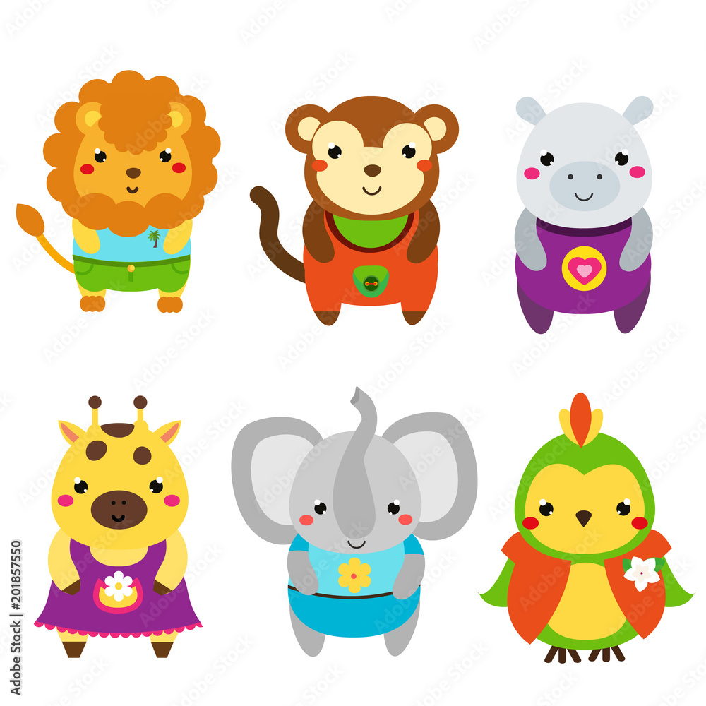 Cute African animals. Cartoon kawaii wildlife animals set Cute African animals. Cartoon kawaii wildlife animals set