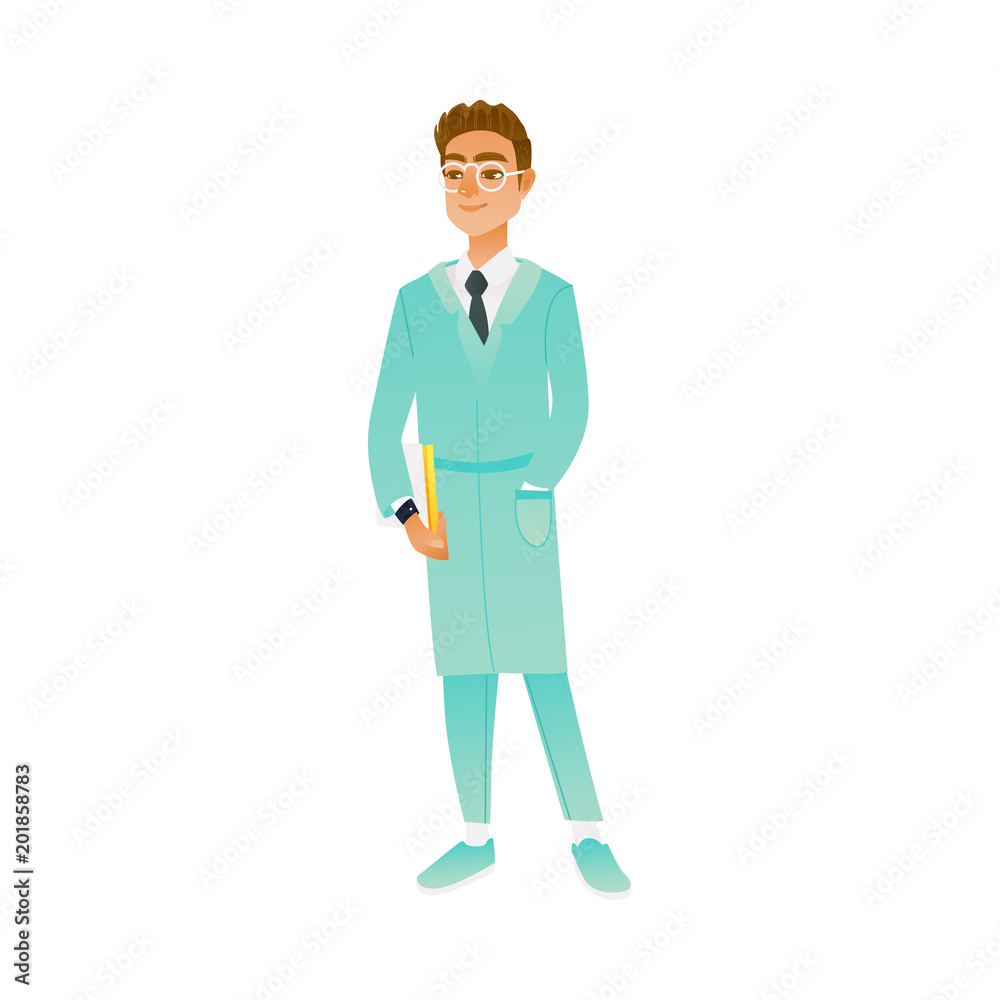 Young man in medical uniform and glasses standing with documents and smiling. Handsome friendly doctor or male nurse cartoon character. Isolated vector illustration. Young man in medical uniform and glasses standing with documents and smiling. Handsome friendly doctor or male nurse cartoon character. Isolated vector illustration.