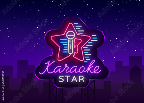 Karaoke Star Vector. Neon sign, luminous logo, symbol, light banner. Advertising bright night karaoke bar, party, disco bar, night club. Live music. Design template. Billboard